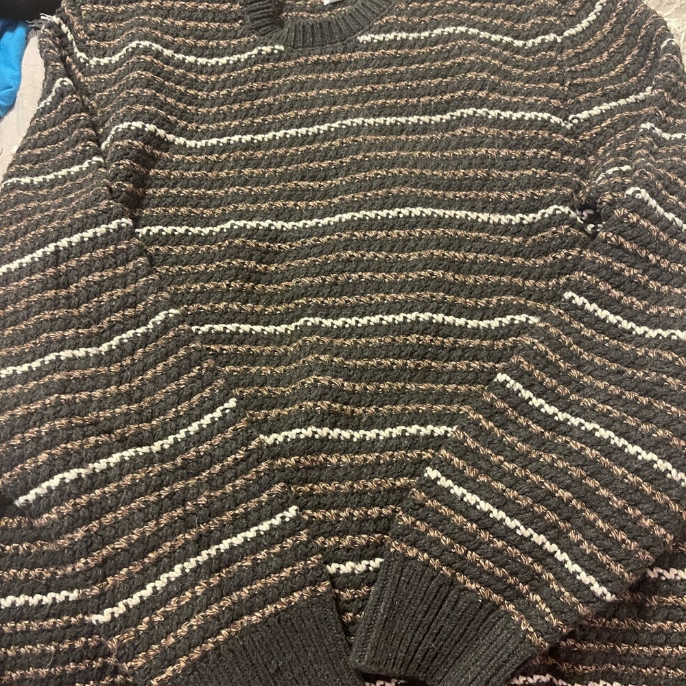 GAP Men's Crewneck Sweater - Black, Brown, and Cream Stripes